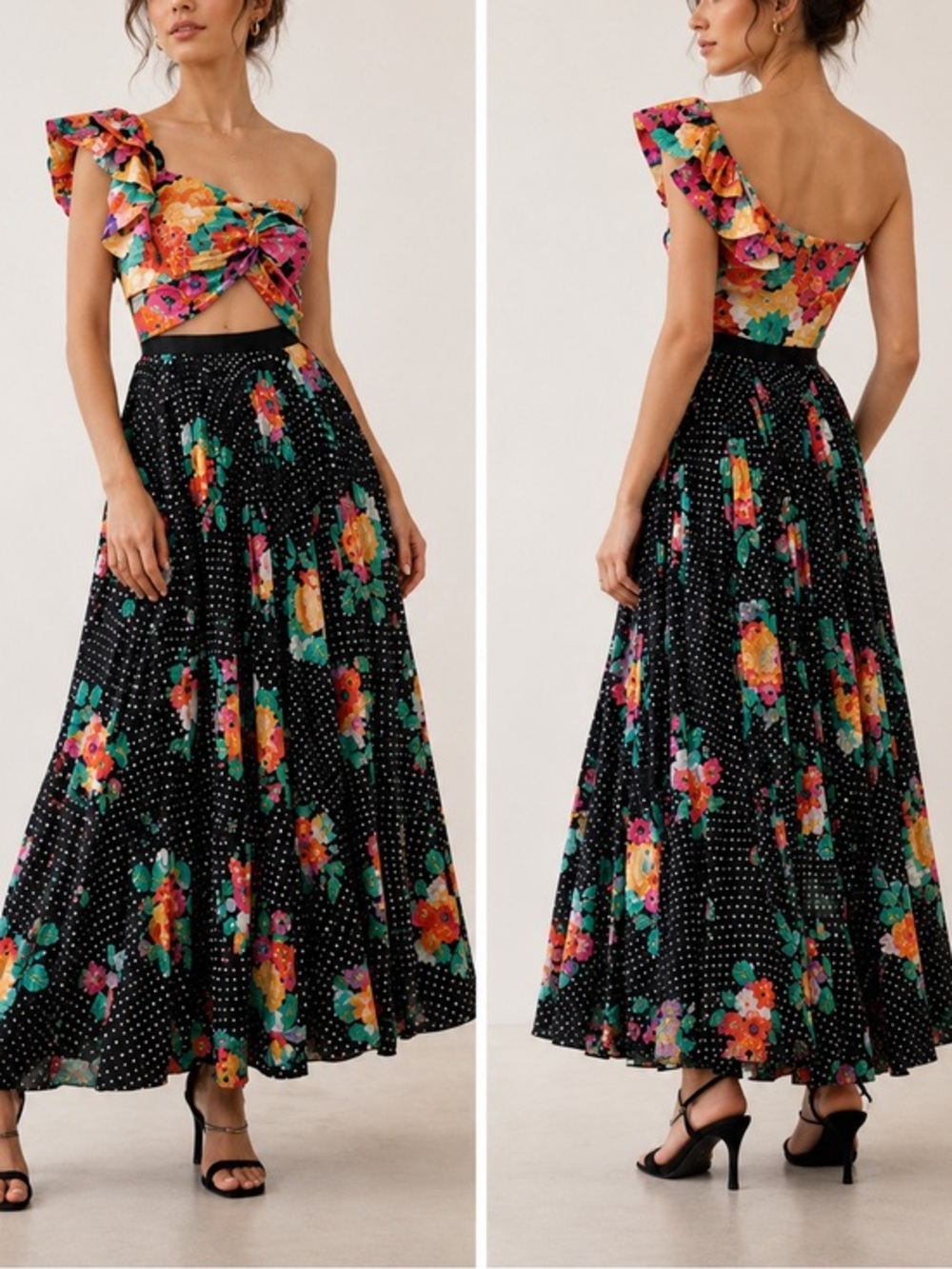 AMUR Cleopatra One Shoulder Pleated Black Floral Polka Dot Cutout Maxi Dress
